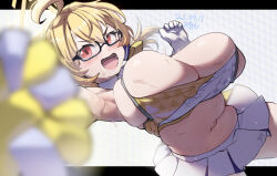 Rule 34 | 1girl, ahoge, black-framed eyewear, blonde hair, blue archive, blurry, blurry foreground, blush, breasts, cheerleader, cleavage, commentary request, dated, dot nose, dutch angle, film grain, gloves, hair between eyes, halo, holding, holding pom poms, huge breasts, kotori (blue archive), kotori (cheer squad) (blue archive), looking at viewer, mikichika, millennium cheerleader outfit (blue archive), navel, open mouth, outstretched arm, pleated skirt, plump, pom pom (cheerleading), pom poms, red eyes, semi-rimless eyewear, skindentation, skirt, solo, sweat, teardrop-framed glasses, thick thighs, thighs, translation request, triangle halo, under-rim eyewear, upper body, white gloves, white skirt, yellow halo
