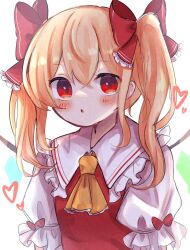 Rule 34 | 1girl, :o, absurdres, alternate hairstyle, ascot, blonde hair, blush, bow, collared shirt, dorowa (drawerslove), flandre scarlet, frilled ascot, frilled bow, frilled shirt collar, frilled sleeves, frills, hair between eyes, hair bow, heart, highres, looking at viewer, medium hair, no headwear, open mouth, puffy short sleeves, puffy sleeves, red bow, red eyes, red vest, shirt, short sleeves, simple background, solo, touhou, twintails, upper body, vest, white background, white shirt, yellow ascot