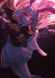 Rule 34 | 1girl, animal ears, bare legs, black jacket, blurry, breasts, chromatic aberration, commentary request, crescent, crescent pin, dark background, depth of field, feet out of frame, finger gun, floating hair, foreshortening, glowing, glowing eyes, highres, jacket, large breasts, long hair, looking at viewer, outstretched arm, parted lips, perspective, pointing, pointing at viewer, purple hair, rabbit ears, red eyes, reisen udongein inaba, simple background, solo, touhou, v over eye, very long hair, w over eye, wanko sora