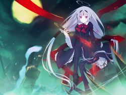 Rule 34 | absurdly long hair, dress, french-bread, full body, highres, long hair, moon, night, night sky, pantyhose, red eyes, ruroo, sky, solo, sword, under night in-birth, vatista, very long hair, weapon, white hair