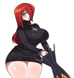 Rule 34 | 1girl, breasts, cowboy shot, cross, cross necklace, hair over one eye, half-closed eyes, highres, jewelry, krieg (skullgirls), large breasts, looking to the side, necklace, paperrose, parasoul (skullgirls), skirt, skullgirls, solo, sweater, thick thighs, thighs, turtleneck, turtleneck sweater, umbrella, white background, wide hips, yellow eyes