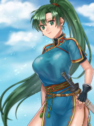 Rule 34 | 1girl, black gloves, blue dress, blue sky, breasts, china dress, chinese clothes, closed mouth, cloud, commentary request, day, dress, earrings, fingerless gloves, fire emblem, fire emblem: the blazing blade, floating hair, gloves, green eyes, green hair, hair tie, hazuki (nyorosuke), highres, jewelry, large breasts, lips, long hair, looking at viewer, lyn (fire emblem), nintendo, outdoors, pelvic curtain, pink lips, ponytail, sheath, sheathed, short sleeves, side slit, sky, smile, solo, sword, thighs, very long hair, weapon