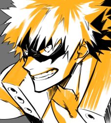Rule 34 | 10s, 1boy, bad id, bad twitter id, bakugou katsuki, boku no hero academia, clenched teeth, close-up, commentary request, evil grin, evil smile, grey background, grin, highres, looking at viewer, male focus, monochrome, samei ikusa, simple background, smile, solo, teeth, uniform, yellow theme