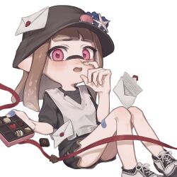 Rule 34 | 1girl, bandaid, bandaid on hand, bandaid on leg, black hat, black shorts, blush, box, box of chocolates, brown hair, brown trim, candy, chocolate, chocolate heart, commentary request, cross-laced footwear, envelope, food, full body, gradient hair, hat, heart, heart in eye, holding, holding box, inkling, inkling girl, inkling player character, letter, long hair, multicolored hair, nintendo, oekaki azu, open mouth, pointy ears, red eyes, shoes, short shorts, shorts, simple background, sitting, smile, solo, splatoon (series), splatoon 3, symbol in eye, tentacle hair, thick eyebrows, white background