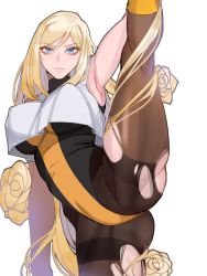 Rule 34 | 1girl, arc system works, arm up, armpits, bad id, bad twitter id, bare shoulders, blonde hair, blue eyes, breasts, closed eyes, covered erect nipples, flower, guilty gear, hair between eyes, highres, iuciferic, kyou (ningiou), large breasts, leg up, leggings, long hair, millia rage, simple background, solo, split, standing, standing on one leg, standing split, torn clothes, white background