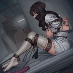 Rule 34 | 1girl, absurdres, bdsm, black hair, bondage, bound, breasts, breasts out, dildo, gag, gagged, harris hero, highres, horrified, improvised gag, kidnapped, kidnapping, legs, long hair, medium breasts, nipples, original, pajamas, restrained, rope, sex toy, shibari, sitting, solo, tape, tape gag, thighhighs, thighs, variant set, white pajamas, white thighhighs