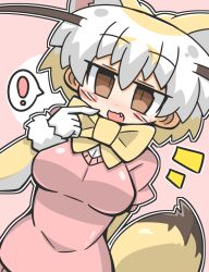 Rule 34 | !, animal ears, arm behind back, blonde hair, blush, blush stickers, bow, bowtie, breasts, brown eyes, dutch angle, extra ears, fang, fennec (kemono friends), fox ears, fox tail, gloves, hair between eyes, jitome, kemono friends, large breasts, looking at viewer, multicolored hair, notice lines, open mouth, pink background, pink sweater, pointing, pointing at self, short-sleeved sweater, short hair, short sleeves, simple background, smile, speech bubble, spoken exclamation mark, sweater, tail, upper body, white gloves, white hair, wirou, yellow bow, yellow bowtie