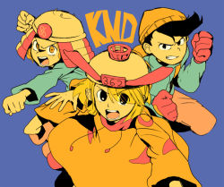 Rule 34 | 1boy, 2girls, backpack, bag, beanie, black hair, blonde hair, clenched hands, clenched teeth, codename: kids next door, constricted pupils, copyright name, numbuh 86, freckles, gloves, hat, helmet, looking at viewer, multiple girls, open mouth, orange eyes, orange hair, parted lips, numbuh 60, numbuh 362, simple background, skirt, t k g, teeth