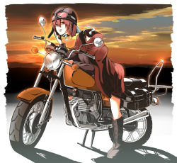 Rule 34 | 1girl, bow, cape, cloud, disembodied head, goggles, goggles on headwear, hair bow, helmet, long sleeves, motor vehicle, motorcycle, motorcycle helmet, red eyes, red hair, sekibanki, shika miso, short hair, skirt, sky, smile, solo, spine, sunset, touhou, vehicle