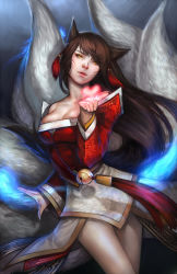 Rule 34 | 1girl, ahri (league of legends), alternate hair color, animal ears, bare shoulders, bell, breasts, brown hair, detached sleeves, facial mark, fingernails, fox ears, fox tail, heart, highres, korean clothes, large breasts, league of legends, long hair, multiple tails, noa ikeda, open mouth, realistic, solo, tail, whisker markings, yellow eyes