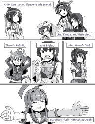 Rule 34 | abyssal ship, ahoge, akagi (kancolle), bowl, rabbit hair ornament, comic, crossed arms, detached sleeves, eating, english text, expressionless, closed eyes, female admiral (kancolle), food, frown, glasses, greyscale, hachimaki, hair ornament, hairband, hand on another&#039;s head, hat, hatsuzuki (kancolle), headband, height difference, japanese clothes, kantai collection, kongou (kancolle), kuma (kancolle), long hair, military hat, monochrome, muneate, navel, open mouth, outstretched arms, ribbon-trimmed sleeves, ribbon trim, ru-class battleship, school uniform, serafuku, short hair, sixten, smile, spoon, tanaka setsuko, uzuki (kancolle), winnie the pooh, yamashiro (kancolle)