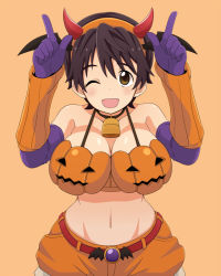 Rule 34 | 10s, 1girl, ;d, alternate costume, arm warmers, bad id, bad pixiv id, bare shoulders, bell, belt, breasts, brown eyes, brown hair, cleavage, collarbone, cowbell, demon horns, elbow gloves, fake horns, gloves, hairband, halloween, head wings, horns, idolmaster, idolmaster cinderella girls, jack-o&#039;-lantern, large breasts, midriff, nash (na-si), navel, oikawa shizuku, one eye closed, open mouth, purple gloves, short hair, shorts, smile, solo, strap gap, wings
