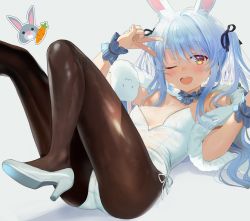 Rule 34 | 1girl, ;d, absurdres, alternate hairstyle, animal ear fluff, animal ears, ass, blue hair, breasts, brown pantyhose, choker, extra ears, feather boa, frilled choker, frills, hair ribbon, hand up, high heels, highres, hololive, knees up, leg up, leotard, long hair, looking at viewer, one eye closed, open mouth, orange eyes, pantyhose, playboy bunny, rabbit ears, rabbit girl, reclining, ribbon, seicoh, sidelocks, small breasts, smile, solo, symbol-shaped pupils, thick eyebrows, twintails, usada pekora, v, virtual youtuber, white footwear, white leotard, wrist cuffs