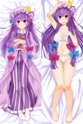 Rule 34 | 1girl, :d, bed sheet, blue bow, book, bow, bra, breasts, closed mouth, commentary, commission, crescent, crescent pin, dakimakura (medium), dress, english commentary, hair bow, hand up, hat, hat pin, highres, holding, holding book, large breasts, long hair, long sleeves, looking at viewer, lying, mob cap, multiple views, on back, open book, open mouth, osiimi, panties, patchouli knowledge, purple dress, purple eyes, purple hair, purple hat, red bow, smile, socks, touhou, underwear, very long hair, white bra, white legwear, white panties, wide sleeves