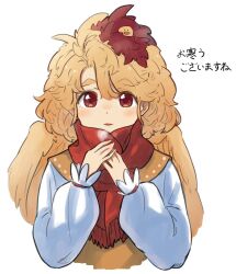 Rule 34 | 1girl, animal, animal on head, bird, bird on head, bird wings, blonde hair, breath, chick, chicken, cropped torso, dress, feathered wings, light blush, long sleeves, multicolored hair, niwatari kutaka, on head, orange dress, parted bangs, red eyes, red hair, red scarf, scarf, shirt, short hair, simple background, solo, thick eyebrows, touhou, translation request, two-tone hair, uisu (noguchipint), white background, white shirt, wide sleeves, wings, yellow wings