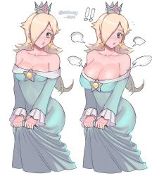 Rule 34 | !, !!, 1girl, puff of air, armpit crease, artist name, bare shoulders, blue dress, blush, breast expansion, breasts, brooch, cleavage, clothes lift, collarbone, cropped legs, crown, dress, dress lift, earrings, eyelashes, flying sweatdrops, green eyes, hair over one eye, highres, jewelry, large breasts, lips, long dress, long hair, mario (series), medium breasts, multiple views, nintendo, off-shoulder dress, off shoulder, platinum blonde hair, puckered lips, rosalina, simple background, star (symbol), star earrings, subway sum, super mario galaxy, sweatdrop, tight clothes, tight dress, twitter username, white background