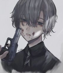 Rule 34 | 1boy, androgynous, artist name, blood, blood on face, collared shirt, commentary request, grey eyes, grey hair, gun, handgun, highres, kuleha s, male focus, nail polish, necktie, original, shirt, short hair, simple background, solo, teeth, weapon, white background