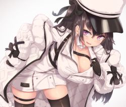 Rule 34 | 1girl, :d, azur lane, belt, black belt, black gloves, black hair, black ribbon, black thighhighs, blush, breasts, buttons, cleavage, coat, coat dress, collarbone, commentary, cowboy shot, detached collar, double-breasted, dress, eyebrows hidden by hair, fur-trimmed coat, fur trim, gloves, hair between eyes, hair ribbon, hand on own hip, hanging breasts, hat, highres, large breasts, leaning forward, long hair, long sleeves, looking at viewer, lower teeth only, moss (user srre5225), one side up, open mouth, padded coat, pamiat merkuria (azur lane), purple eyes, ribbon, russian clothes, sidelocks, simple background, skindentation, smile, solo, standing, teeth, thigh strap, thighhighs, white background, white coat, white dress, white hat, zettai ryouiki