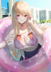 Rule 34 | 1girl, absurdres, bikini, bikini under clothes, blonde hair, braid, breasts, building, choker, highres, inflatable toy, large breasts, looking at viewer, maid, original, outdoors, purple bikini, red eyes, rushian, shirt, skyscraper, smile, solo, swimsuit, twin braids, twintails, virtual youtuber, wet, wet clothes, wet shirt