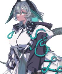 Rule 34 | 1girl, :p, angellyuna, arknights, black collar, breasts, collar, cowboy shot, dress, forked tongue, green eyes, grey hair, hair between eyes, head wings, ho&#039;olheyak (arknights), infection monitor (arknights), large breasts, long sleeves, medium hair, snake tail, solo, tail, tongue, tongue out, upper body, white dress, wings
