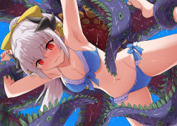 Rule 34 | 1girl, armpits, bare shoulders, bikini, blue bikini, blush, bow, breasts, cleavage, collarbone, dragon girl, dragon horns, fate/grand order, fate (series), hair bow, hair ornament, highres, horns, kiyohime (fate), kiyohime (fate/grand order), kiyohime (swimsuit lancer) (fate), kiyohime (swimsuit lancer) (third ascension) (fate), large breasts, long hair, marugoshi (54burger), monster, multiple horns, navel, ponytail, red eyes, restrained, sea demon, silver hair, swimsuit, tentacles, thighs, yellow bow