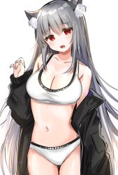 Rule 34 | 1girl, animal ear fluff, animal ears, bad id, bad twitter id, bare shoulders, black jacket, bra, breasts, cat ears, cleavage, collarbone, cowboy shot, grey hair, hand up, head tilt, highres, jacket, katsushika pachi, large breasts, long hair, long sleeves, looking at viewer, navel, off shoulder, open clothes, open jacket, open mouth, original, panties, red eyes, simple background, solo, standing, stomach, thighs, underwear, very long hair, white background, white bra, white panties