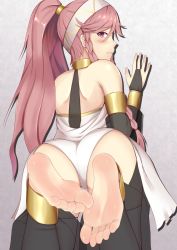 Rule 34 | 1girl, ass, barefoot, blush, braid, feet, fire emblem, foot focus, gold trim, jewelry, long hair, looking at viewer, looking back, neck ring, nintendo, olivia (fire emblem), pink eyes, pink hair, ponytail, pov, see-through, side braid, simple background, soles, solo, toes