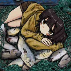 Rule 34 | 1girl, black hair, blush, brown eyes, bubbacterial, fish, fishing lure, hair between eyes, highres, jacket, long sleeves, looking at viewer, lying, on side, open mouth, original, parted lips, short hair, shorts, sleeves past wrists, solo, wet, wet clothes, wet hair, yellow jacket