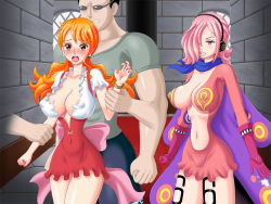 Rule 34 | 1boy, 2girls, breasts, cleavage, large breasts, long hair, multiple girls, nami (one piece), nami (one piece) (whole cake island), one piece, orange hair, pink hair, tattoo, vinsmoke reiju