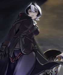Rule 34 | 1girl, black eyes, black hair, breasts, cape, chain, from below, gloves, hair between eyes, hand on own hip, highres, looking at viewer, made in abyss, medium breasts, mikiji, multicolored hair, ozen, short hair, smirk, solo, thighs, whistle, white hair