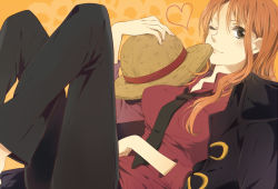 Rule 34 | 1girl, breasts, feet out of frame, female focus, formal, from above, hat, heart, karuha, large breasts, long hair, looking at viewer, lying, matching hair/eyes, nami (one piece), necktie, on back, one eye closed, one piece, one piece: strong world, orange background, orange eyes, orange hair, pant suit, pants, solo, straw hat, suit, wink
