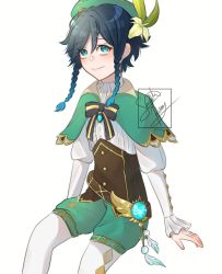 Rule 34 | 1boy, androgynous, argyle, argyle clothes, argyle legwear, bad id, bad twitter id, beret, black hair, blue hair, bow, braid, brooch, cape, closed mouth, collared cape, collared shirt, corset, feathers, flower, frilled sleeves, frills, gem, genshin impact, gradient hair, green eyes, green hat, green shorts, hair flower, hair ornament, hat, highres, jewelry, leaf, long sleeves, m4ngo10, male focus, multicolored hair, pantyhose, pinwheel, shirt, short hair with long locks, shorts, simple background, sitting, smile, solo, twin braids, venti (genshin impact), vision (genshin impact), white background, white flower, white pantyhose, white shirt