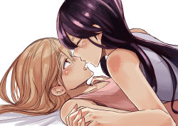 Rule 34 | 2girls, absurdres, aihara mei, aihara yuzu, black hair, blonde hair, citrus (saburouta), closed eyes, commentary, fingernails, from side, girl on top, highres, holding hands, inseki, interlocked fingers, kiss, lying, multiple girls, on back, open mouth, simple background, step-siblings, sweet reverie, symbol-only commentary, white background, wife and wife, yuri
