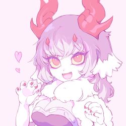 Rule 34 | 1girl, antlers, breasts, claw pose, claws, cleavage, colored eyelashes, colored sclera, colored tips, commentary, cyany, drooling, english commentary, fangs, fur collar, hands up, heart, highres, horns, imuthar (cyany), long hair, looking at viewer, medium breasts, monster girl, mouth drool, multicolored hair, multiple horns, open mouth, original, pink background, pink eyes, pink hair, simple background, solo, upper body, yellow sclera