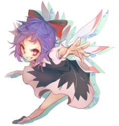 Rule 34 | 1girl, alternate color, bad id, bad twitter id, black dress, cirno, dress, full body, hair ornament, hair ribbon, ice, ice wings, keemoringo, looking at viewer, md5 mismatch, outstretched arms, player 2, puffy sleeves, purple hair, red eyes, resized, ribbon, shoes, short hair, short sleeves, simple background, smirk, socks, solo, symbol-shaped pupils, touhou, vest, white background, white socks, wings