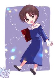 Rule 34 | 1girl, :d, arm at side, black footwear, blue dress, book, brown hair, commentary request, copyright request, creature, dress, full body, holding, holding book, koruri, long sleeves, looking at viewer, no socks, open mouth, outside border, parted bangs, purple background, shoes, short hair, smile, tareme, twitter username