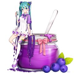 Rule 34 | 1girl, ango, ankkoyom, asymmetrical legwear, bad id, bad pixiv id, blue eyes, blue hair, blueberry, blueberry hair ornament, bow, bowtie, bracelet, capelet, dress, dripping, food, food-themed clothes, food-themed hair ornament, footwear bow, frilled dress, frills, fruit, full body, gradient hair, hair ornament, hairpin, halterneck, hatsune miku, high heels, holding, holding hair, jam, jar, jewelry, leaf, leg ribbon, long hair, looking at viewer, matching hair/eyes, multicolored hair, platform footwear, purple bow, purple bowtie, purple footwear, purple hair, purple ribbon, red bow, ribbon, shoes, simple background, sitting, smile, solo, twintails, twitter username, uneven legwear, very long hair, vocaloid, white background, white dress, white legwear