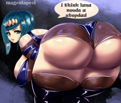 Rule 34 | 1girl, absurdres, ass, blue eyes, blue hair, breasts, creatures (company), drawing, english text, female focus, game freak, highres, huge ass, huge breasts, lana&#039;s mother (pokemon), large breasts, latex, lingerie, magentapeel, mature female, nintendo, nintendo switch, plump, pokemon, pokemon (anime), pokemon sm (anime), underwear