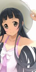 Rule 34 | 1girl, black eyes, black hair, blunt bangs, closed mouth, collarbone, dress, flat chest, hat, highres, hiroki (yyqw7151), long hair, looking at viewer, short hair, simple background, sleeveless, sleeveless dress, solo, sword art online, white background, white dress, white hat, yui (sao)