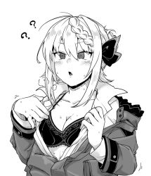 Rule 34 | 1girl, :o, ?, @ @, blush, bra, braid, braided bangs, breasts, breath, cleavage, commentary request, fujinoki (horonabe-ken), fur-trimmed jacket, fur trim, greyscale, hair between eyes, hair bun, hair ribbon, hood, hooded jacket, hypnosis, jacket, kantai collection, long sleeves, medium breasts, mind control, monochrome, open clothes, open mouth, perth (kancolle), ribbon, shirt, sidelocks, simple background, single hair bun, solo, sweat, underwear, upper body