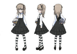 Rule 34 | 1girl, black bow, black bowtie, black skirt, bow, bowtie, closed mouth, collared shirt, concept art, from behind, from side, girls und panzer, holding, holding stuffed toy, layered skirt, light brown hair, mary janes, multiple views, official art, one side up, shimada arisu, shirt, shoes, simple background, skirt, striped clothes, striped thighhighs, stuffed toy, suspender skirt, suspenders, thighhighs, white background, white shirt