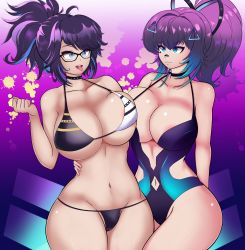 Rule 34 | 2girls, absurdres, bandaid, bandaid on face, bandaid on nose, bikini, black-framed eyewear, black choker, blue eyes, blue hair, breast press, breasts, choker, cleavage, glasses, hair ornament, hand on another&#039;s hip, highres, indie virtual youtuber, infamea, kson, large breasts, long hair, melody (projektmelody), multiple girls, one-piece swimsuit, ponytail, purple hair, purple one-piece swimsuit, souchou, swimsuit, symmetrical docking, tongue, tongue out, triangle hair ornament, two-tone bikini, virtual youtuber, vshojo