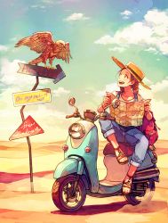 Rule 34 | 1girl, akagi shun, bird, blush, boater hat, bracelet, braid, brown eyes, brown hair, cloud, collarbone, commentary, desert, english text, full body, hat, hawk, holding, holding map, jewelry, map, motor vehicle, motorized scooter, open mouth, original, outdoors, overalls, pants, pants rolled up, sand, sandals, shirt, sign, sitting, sky, smile, solo, straw hat, teeth, tongue, white shirt