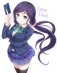 Rule 34 | 10s, 1girl, aqua eyes, bad id, bad pixiv id, black thighhighs, blazer, blouse, blue skirt, breast rest, breasts, card, copyright name, from above, harimoji, holding, holding card, jacket, light smile, long hair, looking at viewer, love live!, love live! school idol project, miniskirt, pleated skirt, purple hair, school uniform, shirt, skirt, solo, tarot, thighhighs, tojo nozomi, twintails, very long hair, white shirt, zettai ryouiki