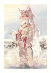 Rule 34 | 1girl, absurdres, akira (blue archive), animal ears, blue archive, bneoul, breasts, cat ears, cleavage, collarbone, hair between eyes, halo, highres, large breasts, long hair, long sleeves, open mouth, partially submerged, pink halo, red eyes, smile, solo, water, white hair, wide sleeves