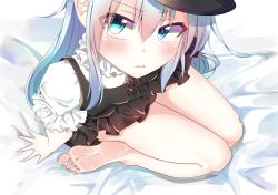 Rule 34 | 1girl, absurdres, arms at sides, bad id, bad pixiv id, blouse, blue eyes, blue hair, blush, dress, feet, from above, hair between eyes, highres, oyumaru0, pinafore dress, shirt, sitting, sleeveless dress, solo, toes, white shirt