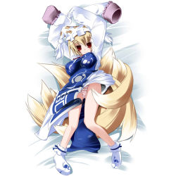 Rule 34 | 1girl, animal ears, blonde hair, breasts, covered erect nipples, female focus, fox ears, fox tail, hat, large breasts, lying, multiple tails, panties, shin no, short hair, solo, striped clothes, striped panties, tail, touhou, underwear, yakumo ran, yamaguchi shinnosuke