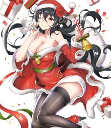 Rule 34 | 1girl, azur lane, bare shoulders, bell, belt, black hair, black thighhighs, blush, boots, box, breasts, cape, christmas, cleavage, coat, collarbone, dress, fur-trimmed boots, fur-trimmed coat, fur trim, gift, gift box, hair between eyes, hat, high heel boots, high heels, large breasts, long hair, looking at viewer, one eye closed, red cape, red dress, red eyes, red footwear, sack, santa costume, santa hat, simple background, smile, solo, strapless, strapless dress, taihou (azur lane), thighhighs, very long hair, white background, yusan