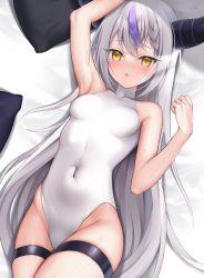 Rule 34 | 1girl, :o, absurdres, arm up, armpits, bare arms, bare shoulders, bed sheet, blush, braid, braided bangs, breasts, commentary request, competition swimsuit, covered navel, from above, highres, hololive, horns, la+ darknesss, long hair, looking at viewer, looking up, lying, multicolored hair, on back, on bed, one-piece swimsuit, open mouth, pillow, pointy ears, purple hair, silver hair, skindentation, small breasts, solo, streaked hair, sweat, swimsuit, thigh strap, utekiro, very long hair, virtual youtuber, white one-piece swimsuit, yellow eyes