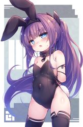 Rule 34 | 1girl, animal ears, arms behind back, azur lane, baku-p, bare shoulders, black bow, black leotard, black thighhighs, blue eyes, blunt bangs, blush, bound, bound arms, bow, breasts, collar, covered navel, cowboy shot, fake animal ears, fake tail, hair bow, highres, leotard, long hair, open mouth, playboy bunny, ponytail, purple hair, rabbit ears, rabbit tail, small breasts, solo, sweat, tail, tashkent (azur lane), thighhighs, very long hair